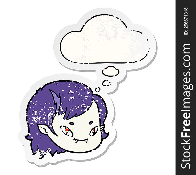cartoon vampire girl face with thought bubble as a distressed worn sticker