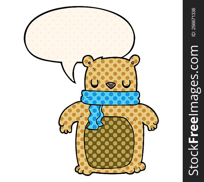 Cartoon Bear And Scarf And Speech Bubble In Comic Book Style