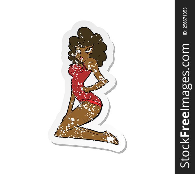 Retro Distressed Sticker Of A Cartoon Pin-up Woman