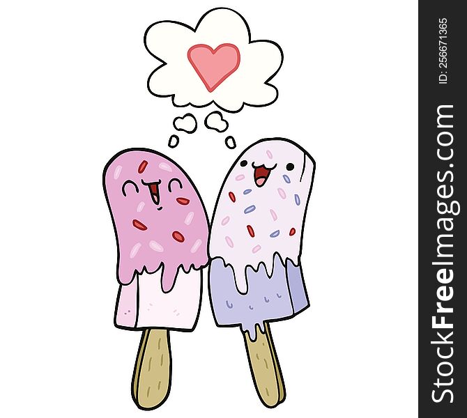 cartoon ice lolly in love with thought bubble