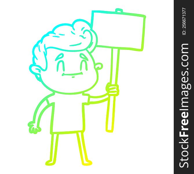 cold gradient line drawing of a happy cartoon man with sign