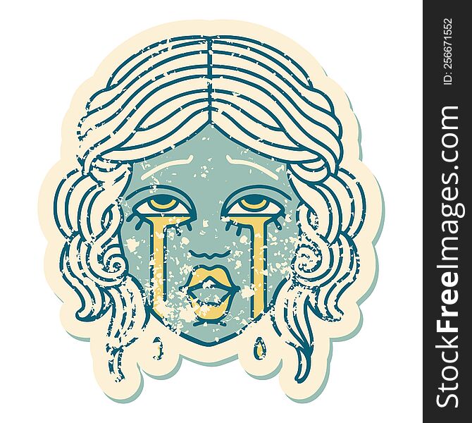 iconic distressed sticker tattoo style image of a very happy crying female face. iconic distressed sticker tattoo style image of a very happy crying female face