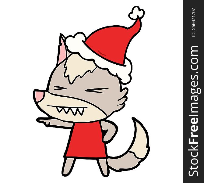 Angry Wolf Line Drawing Of A Wearing Santa Hat