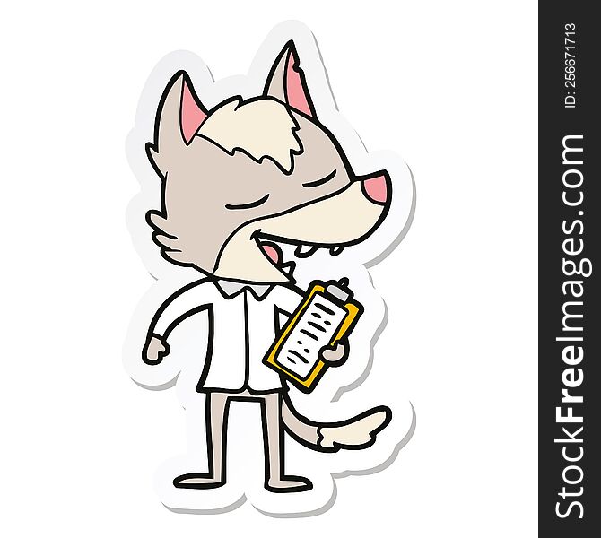 sticker of a cartoon saleman wolf laughing