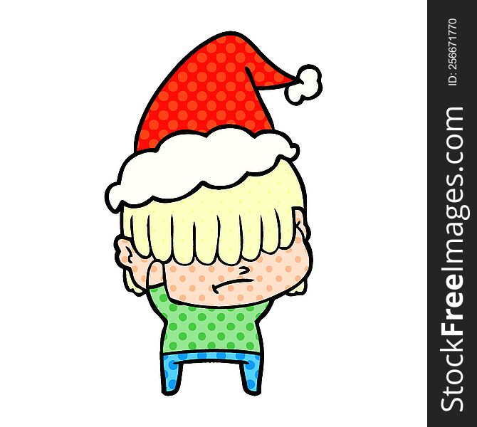 hand drawn comic book style illustration of a boy with untidy hair wearing santa hat