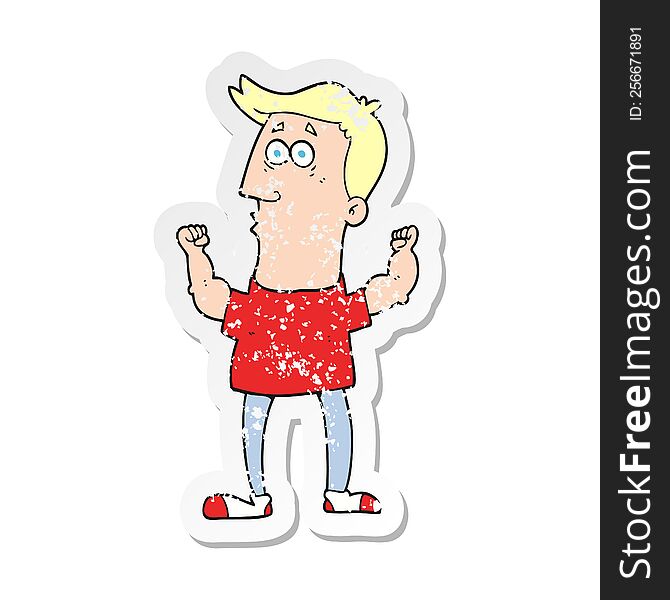 retro distressed sticker of a cartoon surprised man flexing biceps