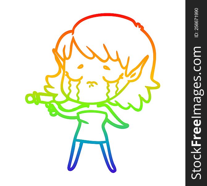 rainbow gradient line drawing of a cartoon crying elf girl