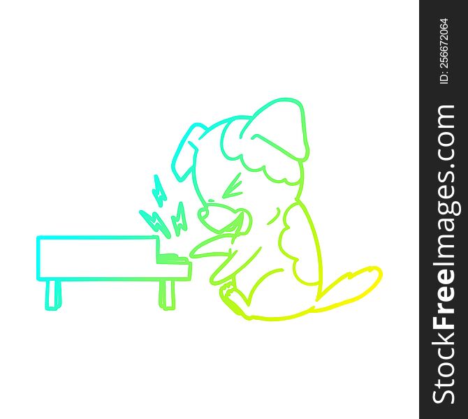 Cold Gradient Line Drawing Cartoon Dog Rocking Out On Piano