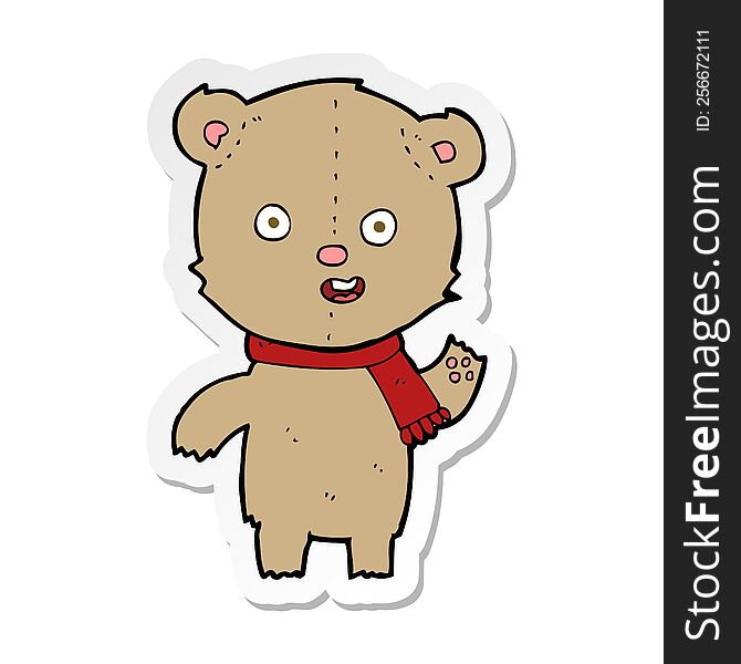 sticker of a cartoon waving teddy bear with scarf