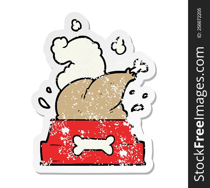 distressed sticker of a cartoon dog bowl with chicken