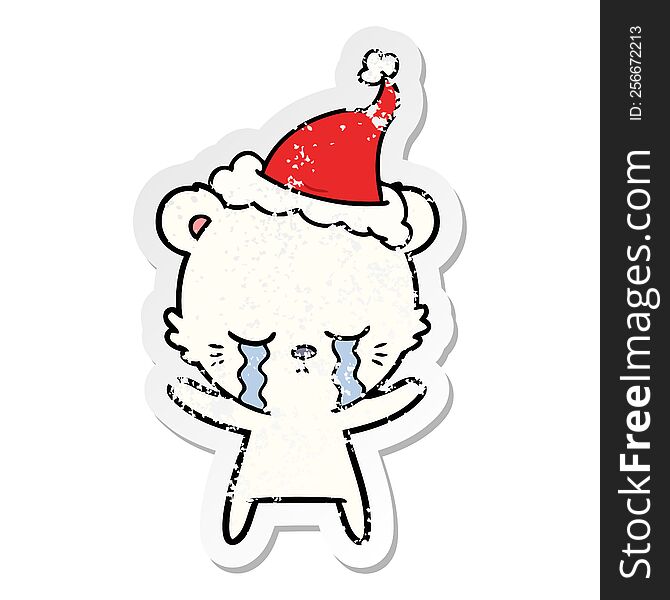 crying distressed sticker cartoon of a polarbear wearing santa hat