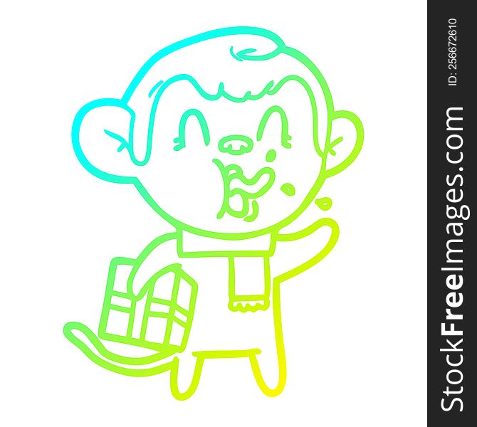 cold gradient line drawing of a crazy cartoon monkey with christmas present