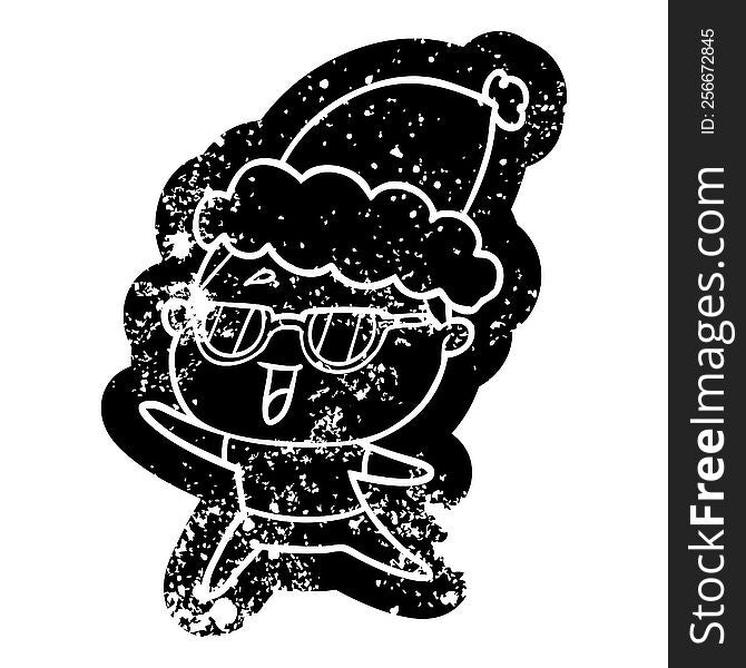 quirky cartoon distressed icon of a happy woman wearing spectacles wearing santa hat