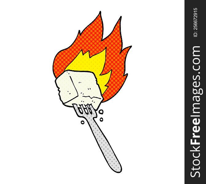 freehand drawn comic book style cartoon flaming tofu on fork