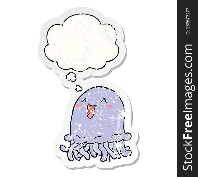 cartoon jellyfish with thought bubble as a distressed worn sticker