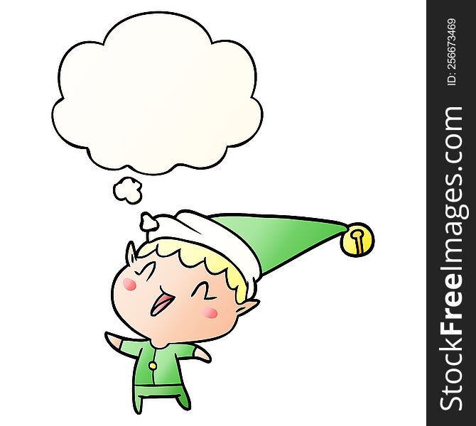 Cartoon Happy Christmas Elf And Thought Bubble In Smooth Gradient Style