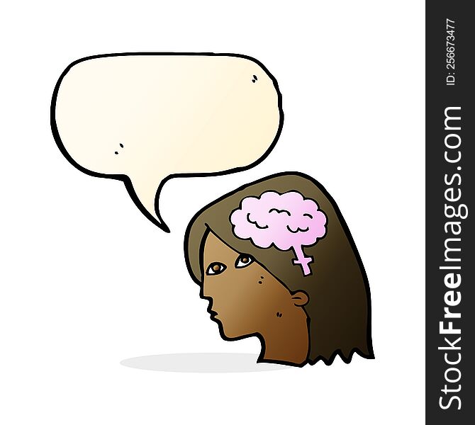 Cartoon Female Head With Brain Symbol With Speech Bubble