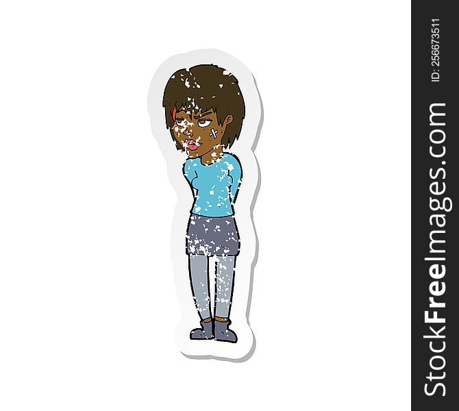 retro distressed sticker of a cartoon woman with plaster on face