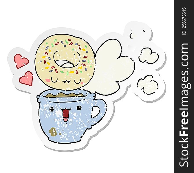 distressed sticker of a cute cartoon donut and coffee
