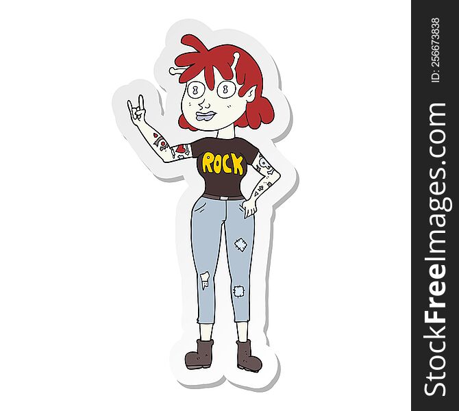 sticker of a cartoon alien rock fan girl