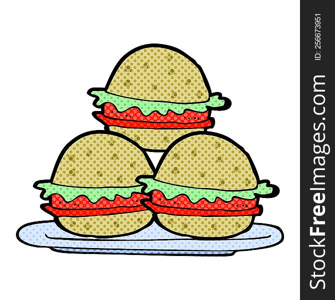 freehand drawn cartoon plate of burgers