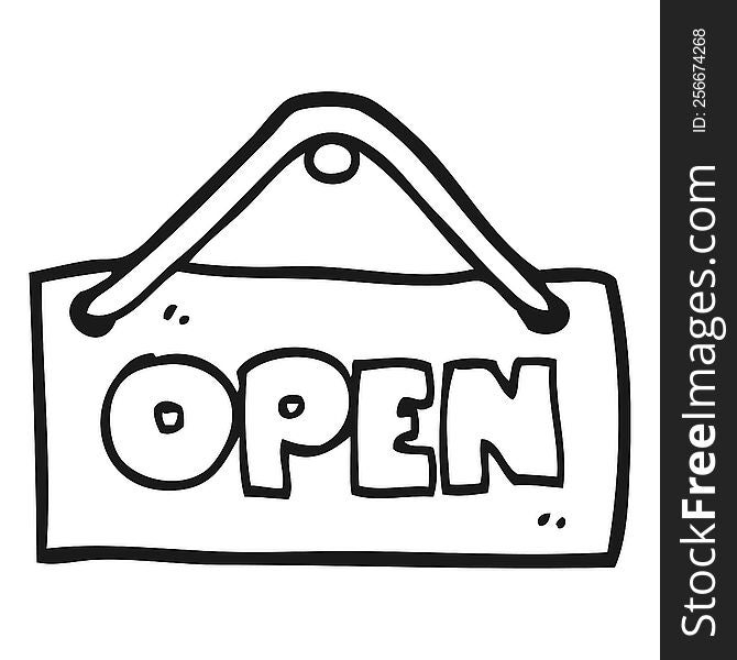 freehand drawn black and white cartoon open shop sign
