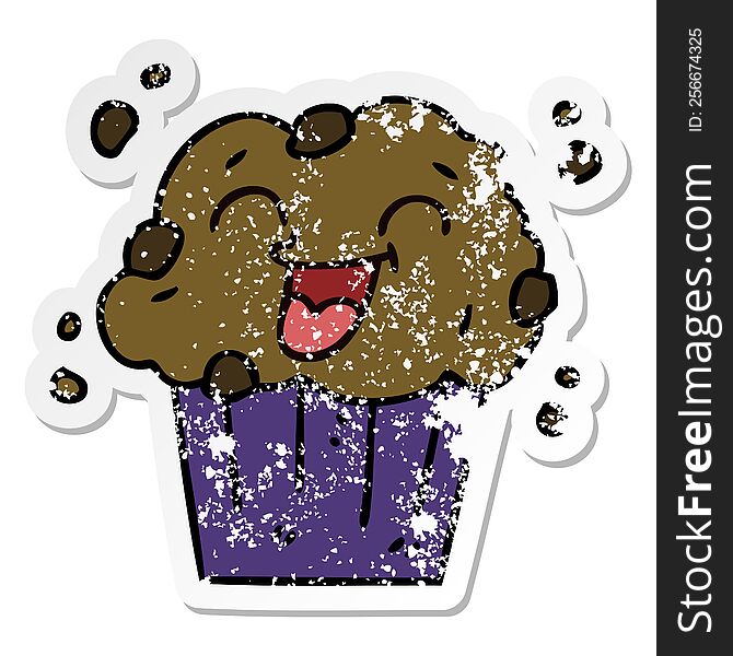 distressed sticker of a quirky hand drawn cartoon happy muffin