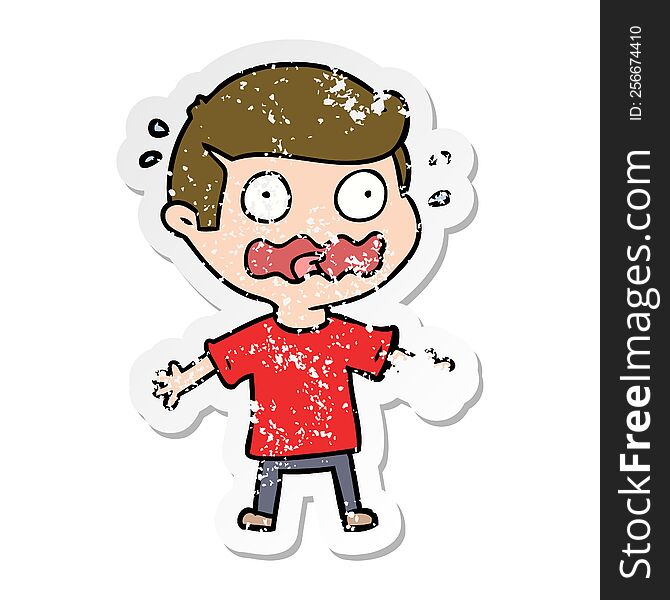 distressed sticker of a cartoon man totally stressed out
