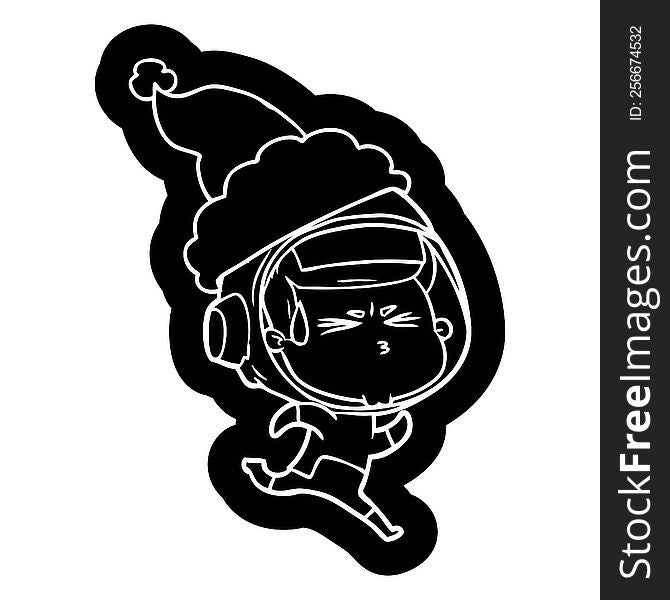quirky cartoon icon of a stressed astronaut wearing santa hat