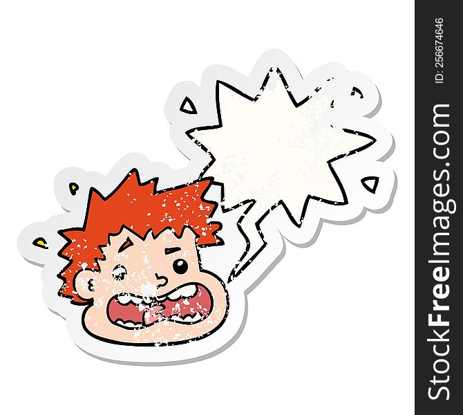 Cartoon Frightened Face And Speech Bubble Distressed Sticker