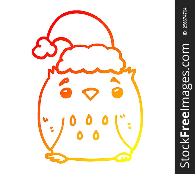 Warm Gradient Line Drawing Cute Cartoon Owl Wearing Christmas Hat