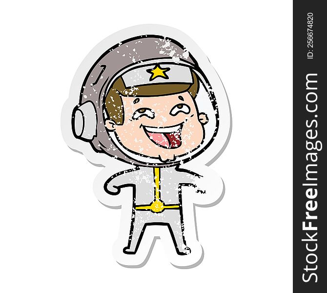 distressed sticker of a cartoon laughing astronaut