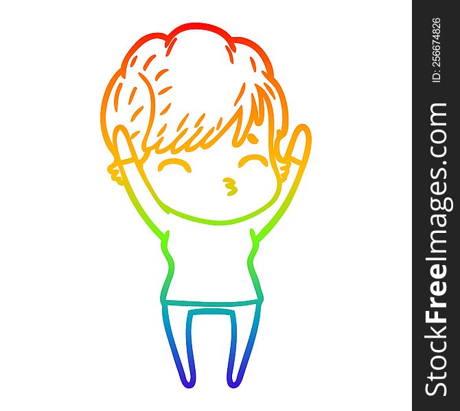 Rainbow Gradient Line Drawing Cartoon Woman Thinking