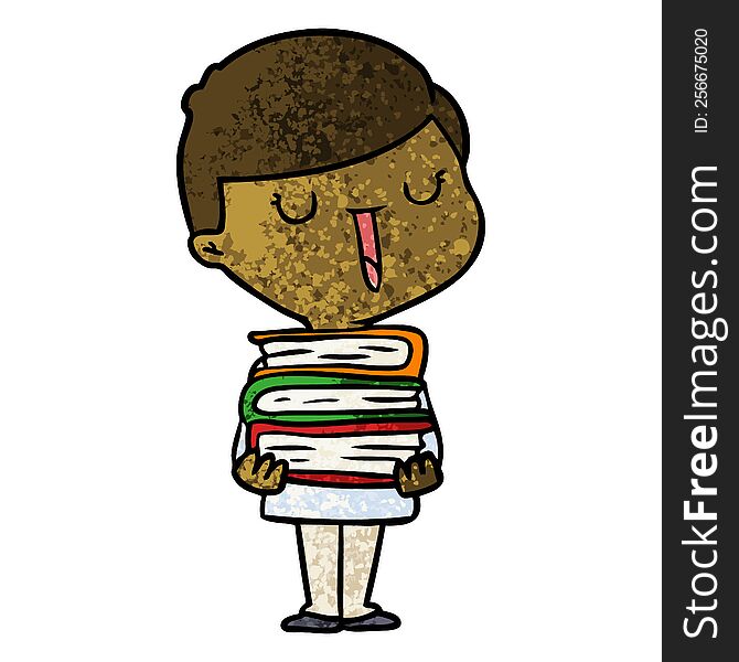 cartoon happy boy with stack of books. cartoon happy boy with stack of books