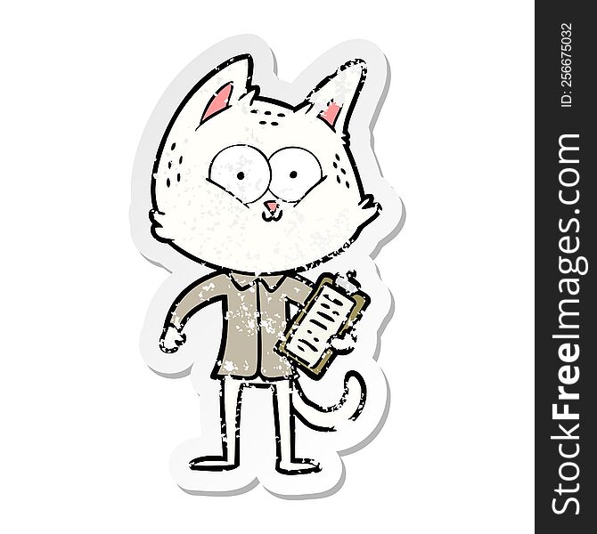 distressed sticker of a cartoon cat with clipboard
