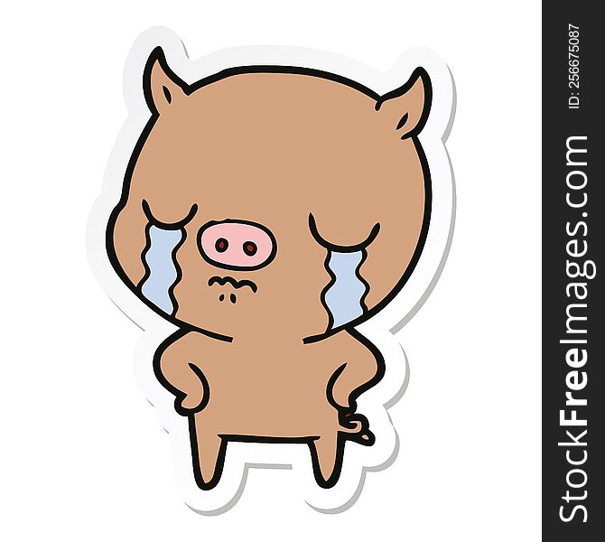 Sticker Of A Cartoon Pig Crying With Hands On Hips