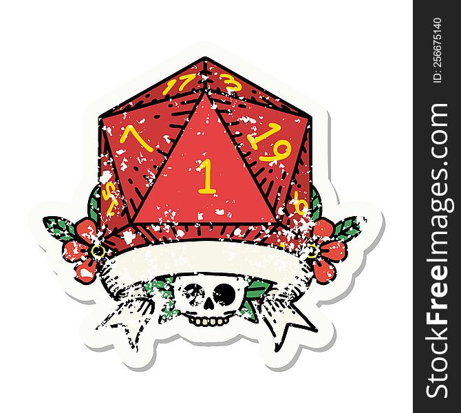 natural one d20 dice roll grunge sticker