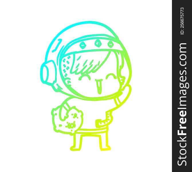 cold gradient line drawing cartoon happy spacegirl holding moon rock