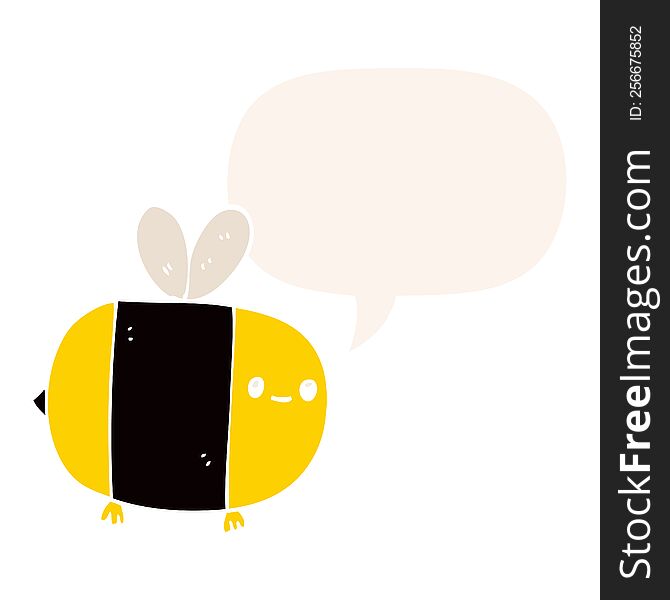 cute cartoon bee with speech bubble in retro style