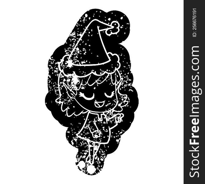 happy quirky cartoon distressed icon of a elf girl pointing wearing santa hat