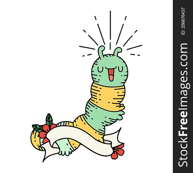 scroll banner with tattoo style happy caterpillar