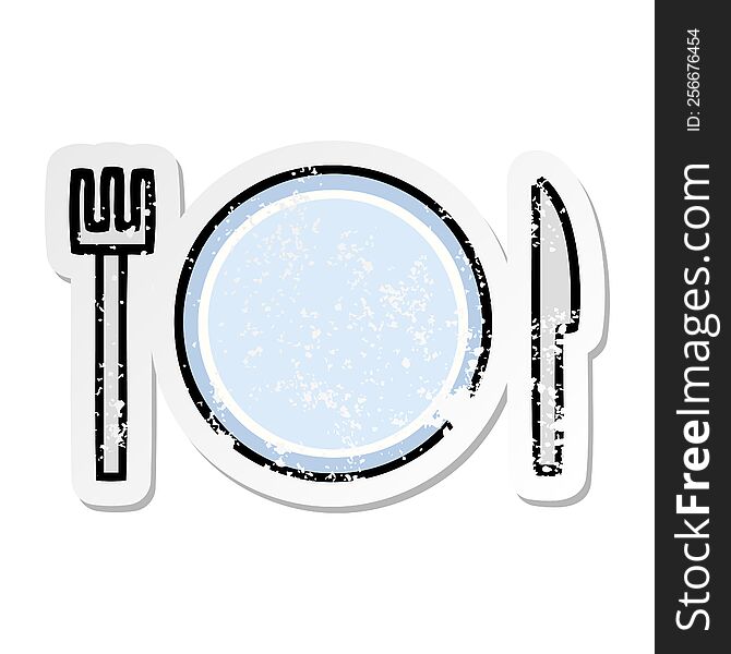distressed sticker of a cute cartoon plate and cutlery