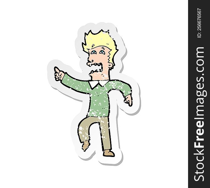 Retro Distressed Sticker Of A Cartoon Frightened Man Pointing