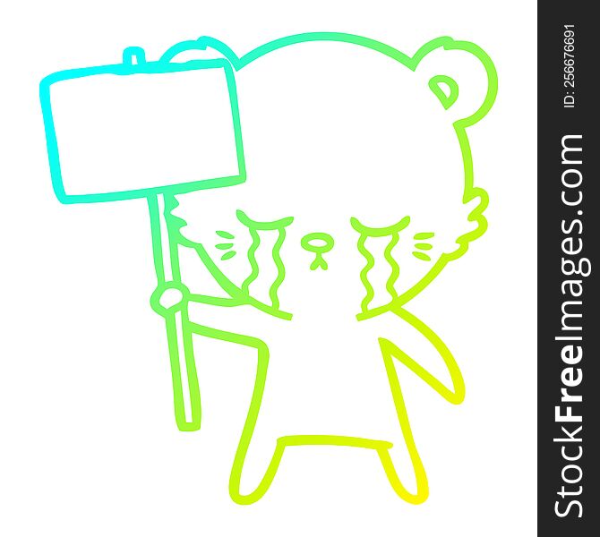 cold gradient line drawing of a crying cartoon bear with sign post