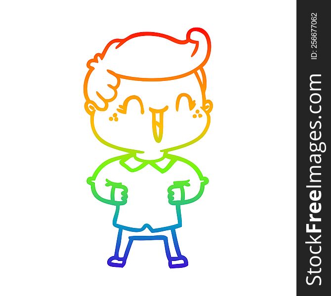 rainbow gradient line drawing of a cartoon laughing boy with hands on hips