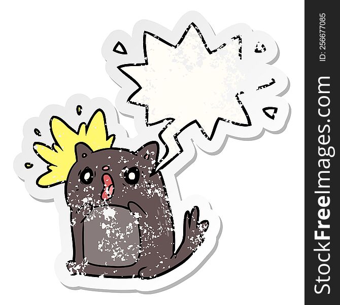 Cartoon Shocked Cat Amazed And Speech Bubble Distressed Sticker