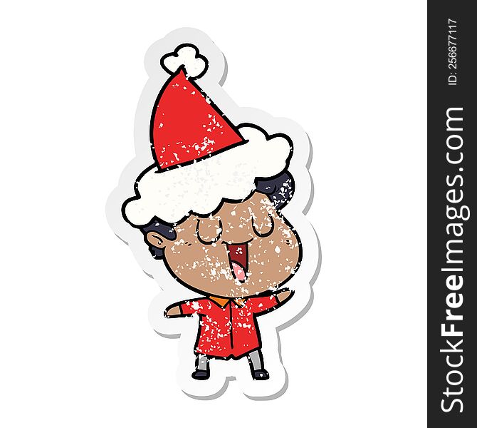 Laughing Distressed Sticker Cartoon Of A Man Wearing Santa Hat