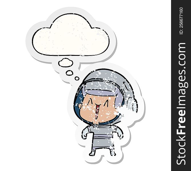 cartoon astronaut man with thought bubble as a distressed worn sticker