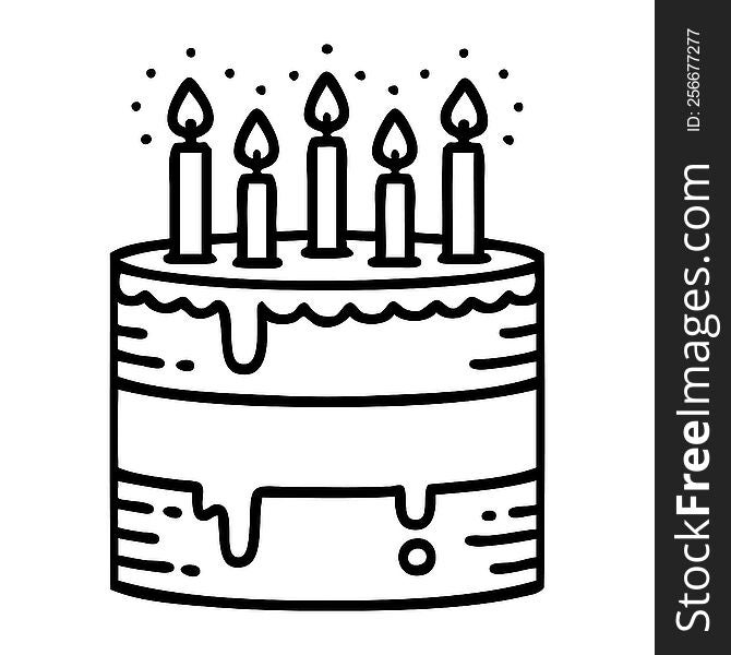 tattoo in black line style of a birthday cake. tattoo in black line style of a birthday cake