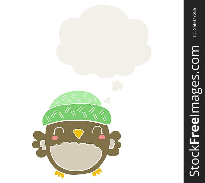Cute Cartoon Owl In Hat And Thought Bubble In Retro Style